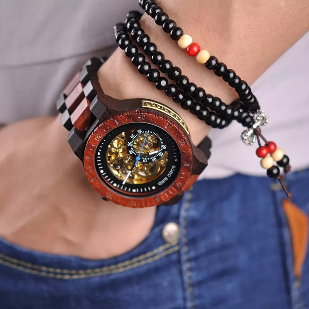 Luxury Ebony & Sandalwood Automatic Kinetic Watch - Picture 3 of 16